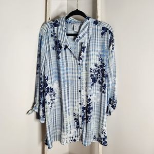Catherine's Top womens 4X 30 32W plus size plaid floral tie sleeve button down